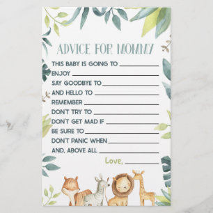 Safari Animal Advice Baby Shower Game Activity Stationery