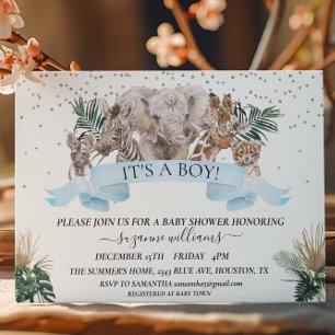Safari Animal Babies Blue  Boy Jungle Shower   Invitation