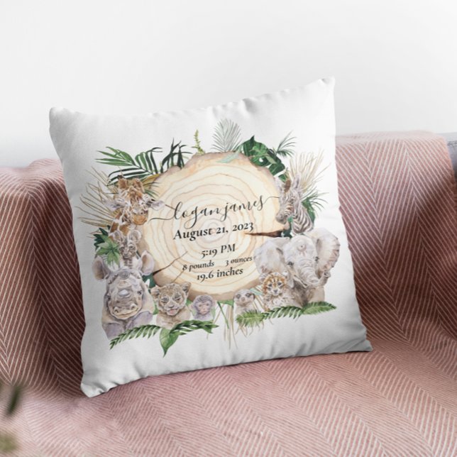 Safari Animal Babies Jungle Baby Birth Stats Cushion (Creator Uploaded)