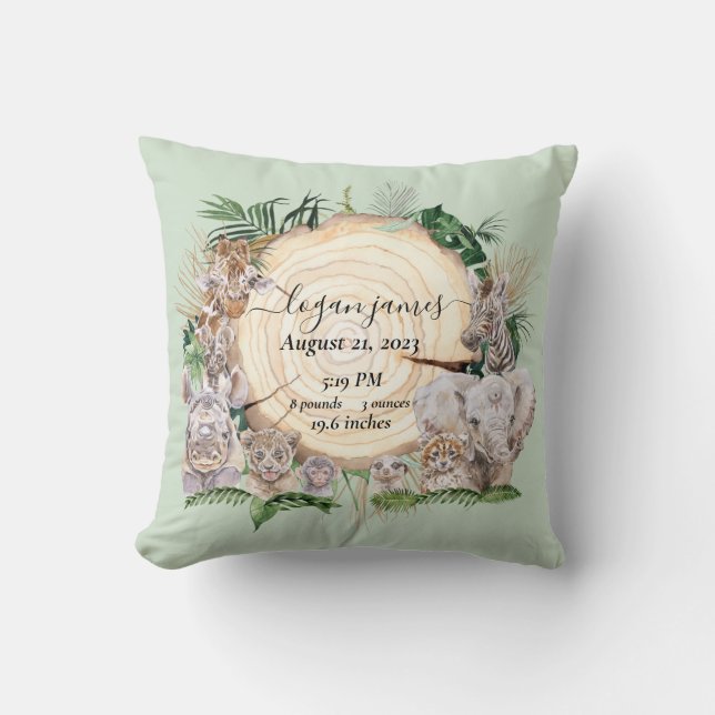 Safari Animal Babies Jungle Baby Birth Stats Throw Cushion (Front)