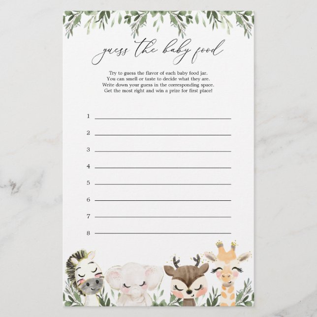 Safari Animal Baby Shower Guess The Baby Food Game (Front)