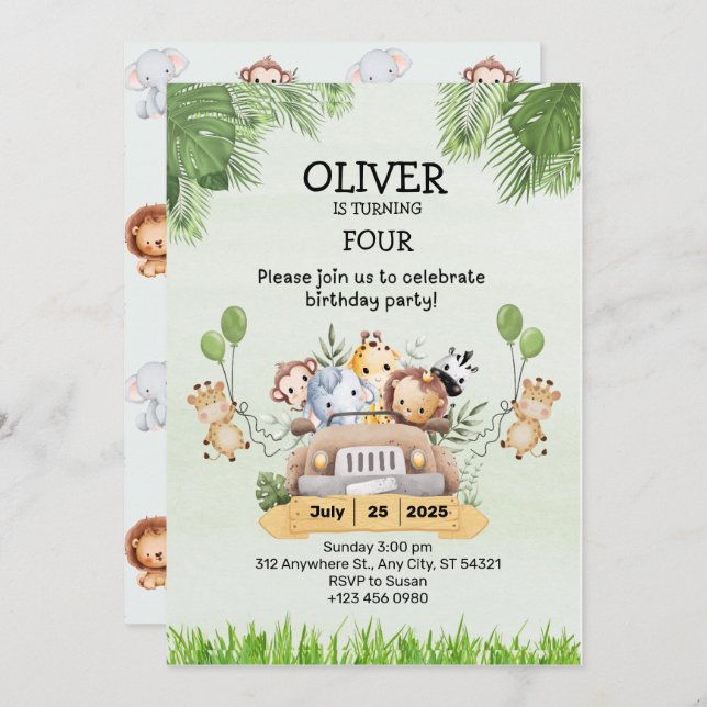 Safari Animal Birthday 4th Invitation Flat Cards (Front/Back)