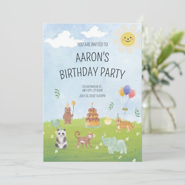 Safari Animal Birthday Invitation Greenery Birthda (Standing Front)