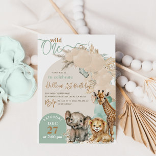 Safari animal Boho Balloon Boy 1st Birthday Invitation