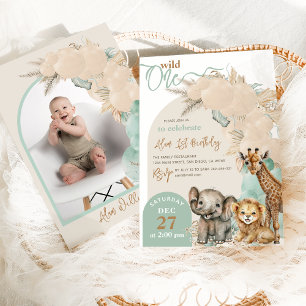 Safari animal Boho Balloon Boy 1st Birthday Photo Invitation