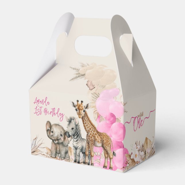 Safari animal Boho Balloon girl 1st Birthday Favour Box (Front Side)
