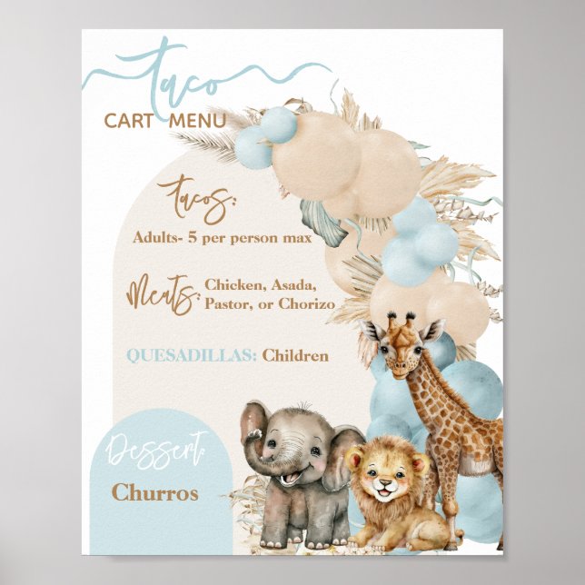 Safari Animal Boho Blue Balloon Boy Baby Shower Poster (Front)