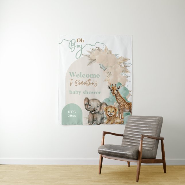 Safari animal Boho Oh Boy Baby Shower Welcome Tapestry (In Situ)