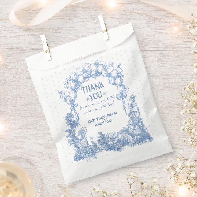 Safari Animal Dusty Blue Toile Baby Boy Shower Favour Bag (Clipped)