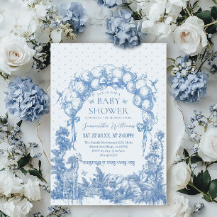 Safari Animal Dusty Blue Toile Baby Boy Shower Invitation