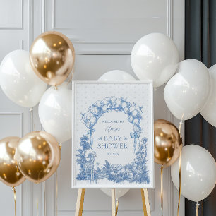 Safari Animal Dusty Blue Toile Baby Boy Shower Poster