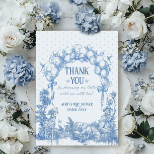 Safari Animal Dusty Blue Toile Baby Boy Shower Thank You Card