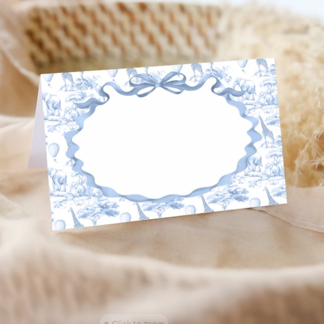 Safari Animal Dusty Blue Toile de Jouy Baby Shower Place Card (Creator Uploaded)