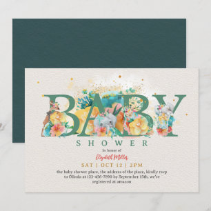 Safari Animal Elephant Giraffe Baby Girl Shower Invitation