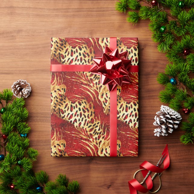 Safari Animal Fur Prints Patterns Red and Gold Wrapping Paper (Holiday Gift)