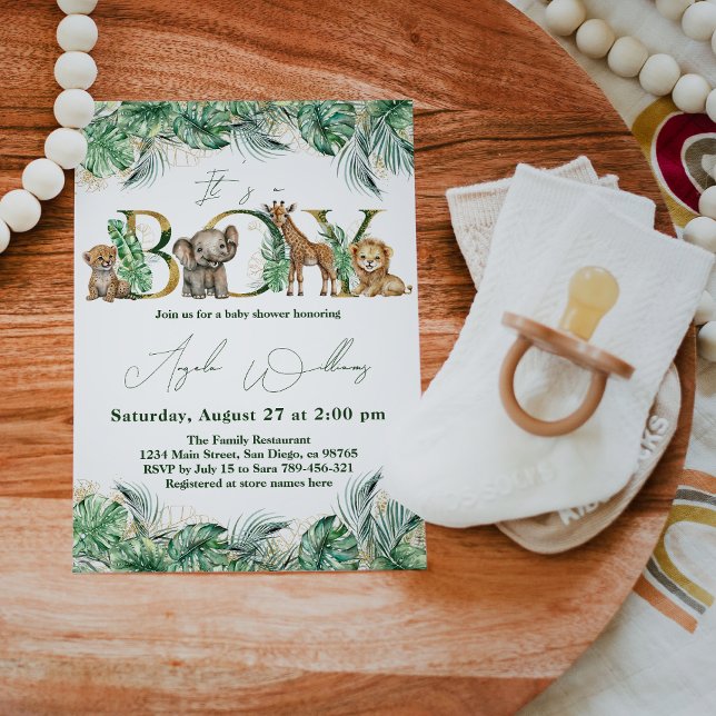 Safari Animal Jungle Green & Gold boy Baby Shower Invitation (Creator Uploaded)