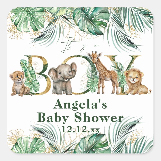Safari Animal Jungle Green & Gold boy Baby Shower Square Sticker (Front)