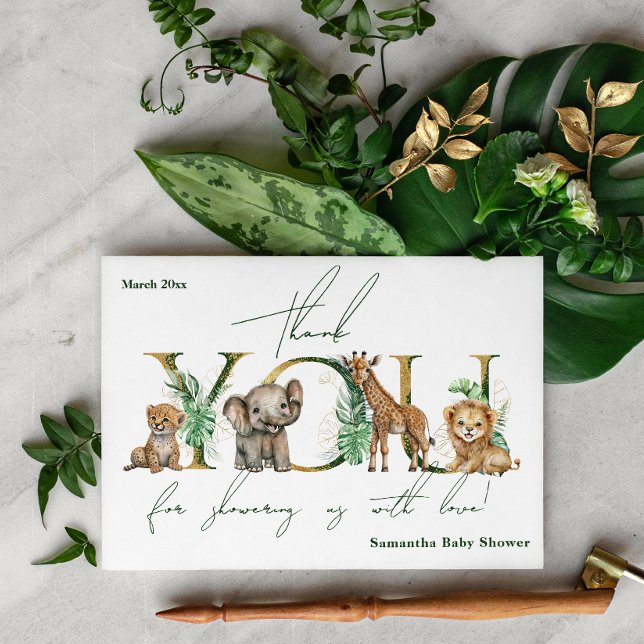 Safari Animal Jungle Green & Gold boy Baby Shower Thank You Card (Creator Uploaded)