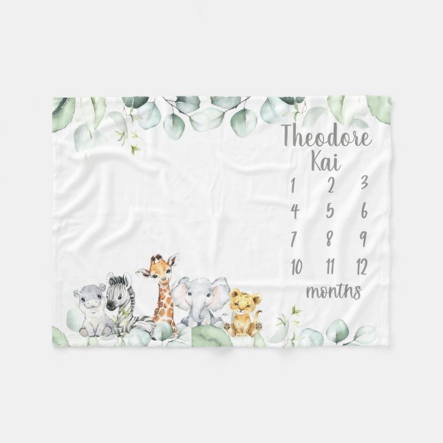 Safari Animal Milestone Blanket Boy Monthly Photos (Front (Horizontal))