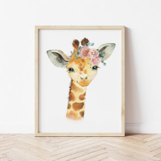 Safari Animal Nursery Art, Watercolor Giraffe Kids Poster