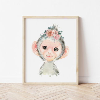 Safari Animal Nursery Art, Watercolor Monkey Kids Poster