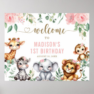 Safari Animal Pink Floral 1st Birthday Welcome Poster