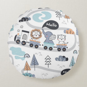 Safari Animal Train Parade Nursery Round Cushion