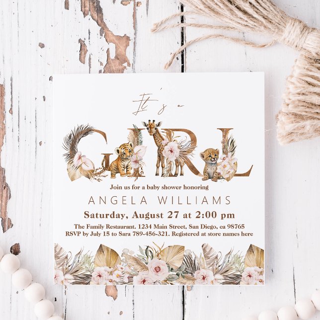Safari Animal Tropical Floral Girl Baby Shower Invitation (Creator Uploaded)