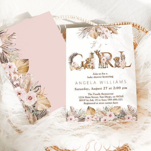 Safari Animal Tropical Floral Girl Baby Shower Invitation (Creator Uploaded)