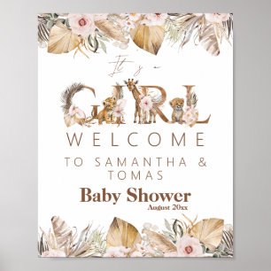 Safari Animal Tropical Floral Girl Baby Shower Poster