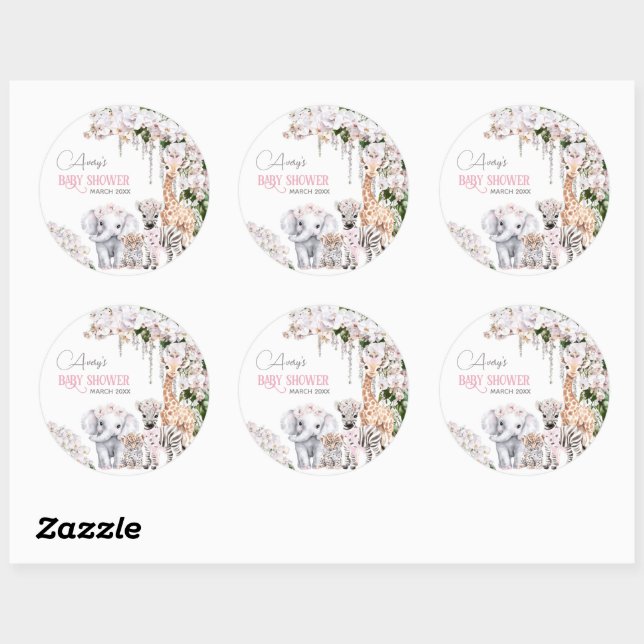 Safari Animal Tropical Flower Pink Baby Shower Classic Round Sticker (Sheet)