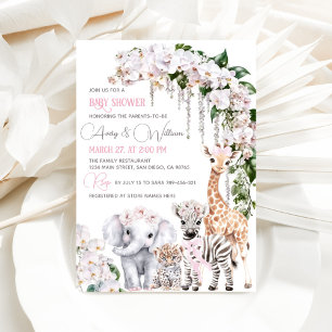 Safari Animal Tropical Flower Pink Baby Shower Invitation