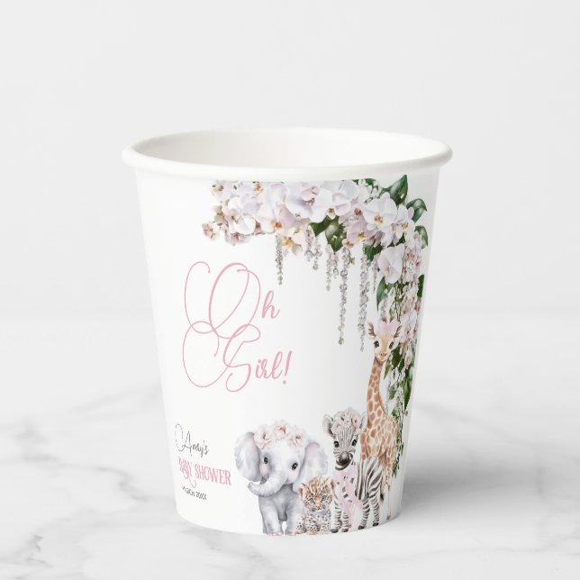 Safari Animal Tropical Flower Pink Baby Shower Paper Cups (Front)