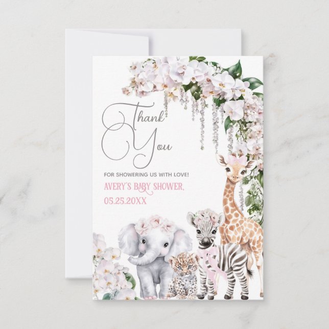 Safari Animal Tropical Flower Pink Baby Shower Thank You Card (Front)