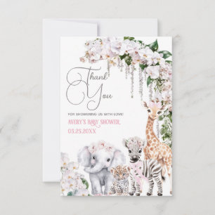 Safari Animal Tropical Flower Pink Baby Shower Thank You Card