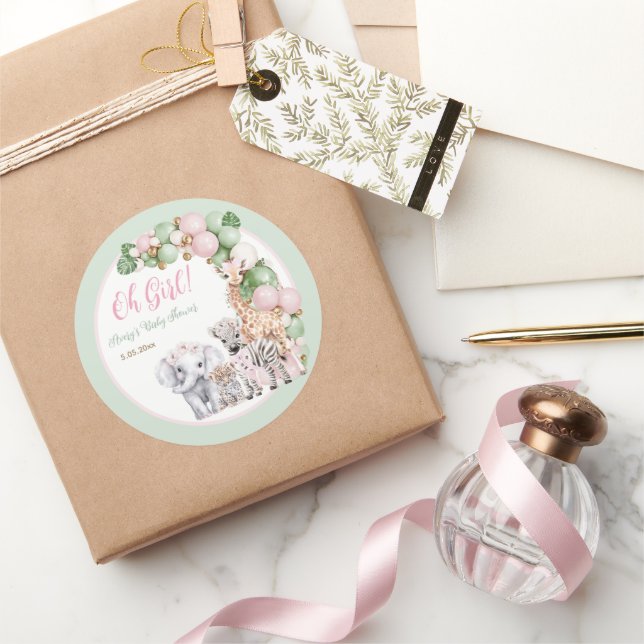 Safari Animal Tropical Green Pink Baby Girl Shower Classic Round Sticker (Gifting)