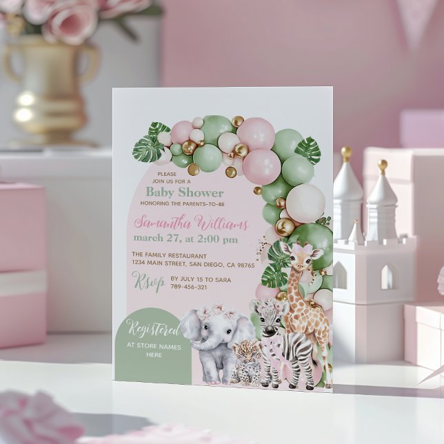 Safari Animal Tropical Green Pink Baby Girl Shower Invitation (Creator Uploaded)