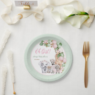 Safari Animal Tropical Green Pink Baby Girl Shower Paper Plate