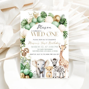 Safari Animal Tropical Green Wild One Birthday Invitation