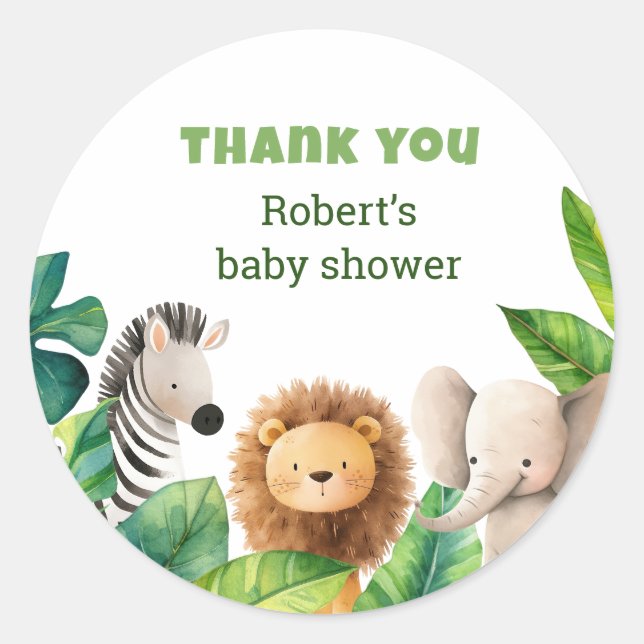 Safari animal watercolor baby shower card classic round sticker (Front)