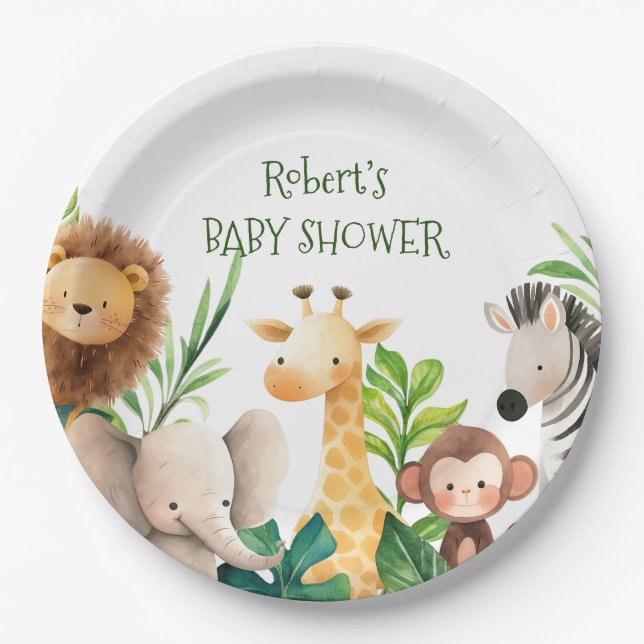 Safari animal watercolor baby shower invitation paper plate (Front)