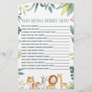 Safari Animal Who Knows Mummy Baby Shower Game Stationery