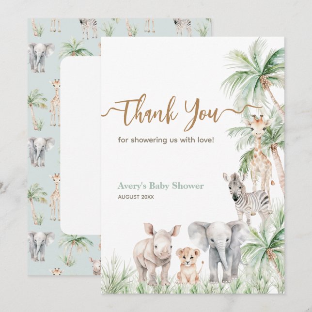Safari Animal Wild One Baby Boy Shower Thank You Card (Front/Back)