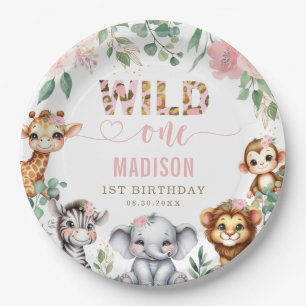 Safari Animal Wild One Blush Pink Floral Birthday Paper Plate