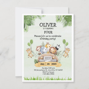 Safari Animal Zoo Birthday 4th Invitation Postcard