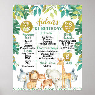 Safari Animals 1st Birthday Milestone Poster