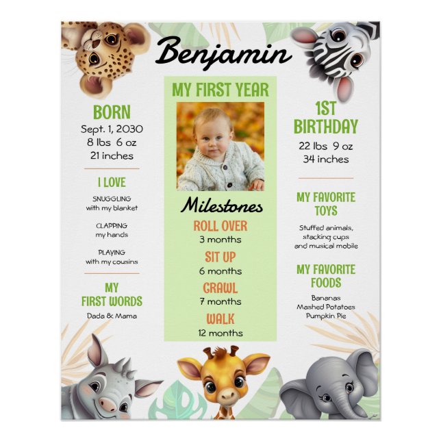 Safari Animals 1st Birthday Milestones Photo Poster (Front)