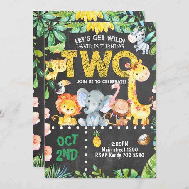 Safari Animals 2nd Birthday Invitation Jungle ZOO (Front/Back)