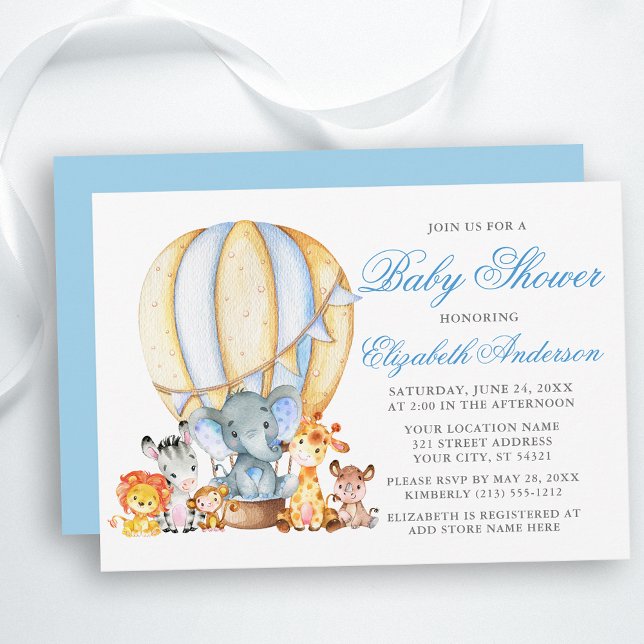 Safari Animals Air Balloon Baby Shower Blue Silver Invitation (Customize to change text color, size, text style or change color of back of card.)