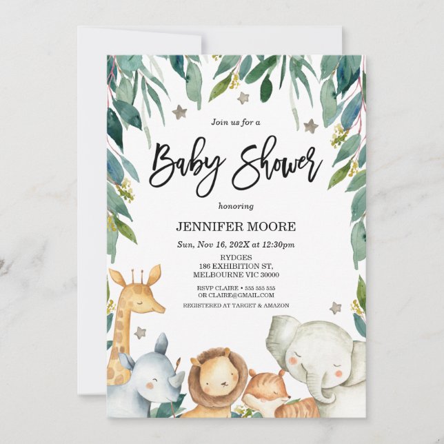 Safari Animals And Foliage Baby Shower Invitation (Front)